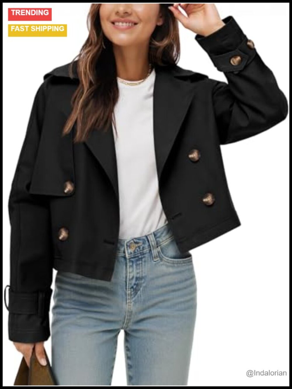 Cropped Trench Coat Double Breasted Notch Lapel Loose Fit Fall Outwear